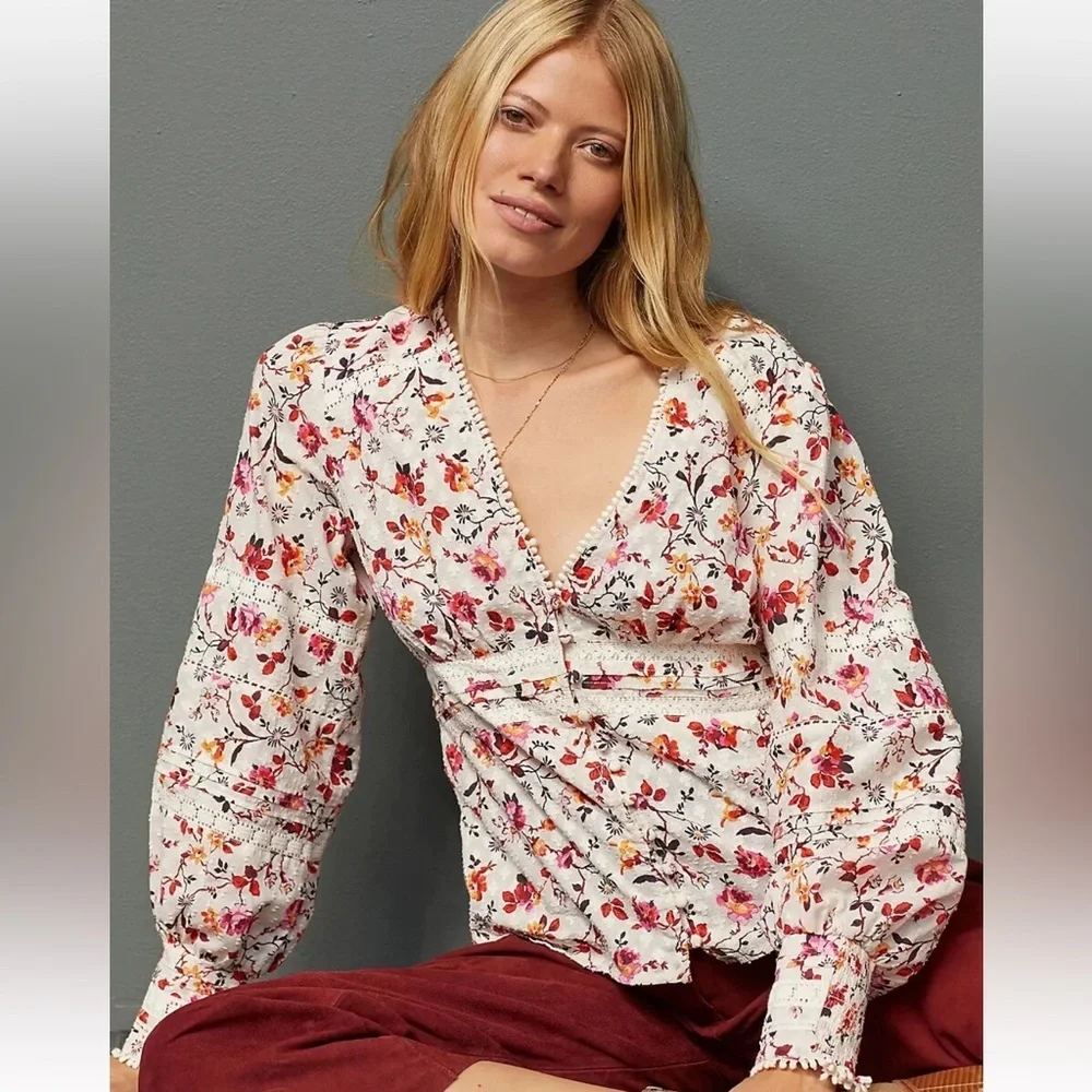 Anthropologie Floral Puff Sleeve Blouse